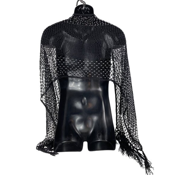 Black Mesh Shawl With Rhinestone Embellishments & Fringe Trim - Picture 5 of 7